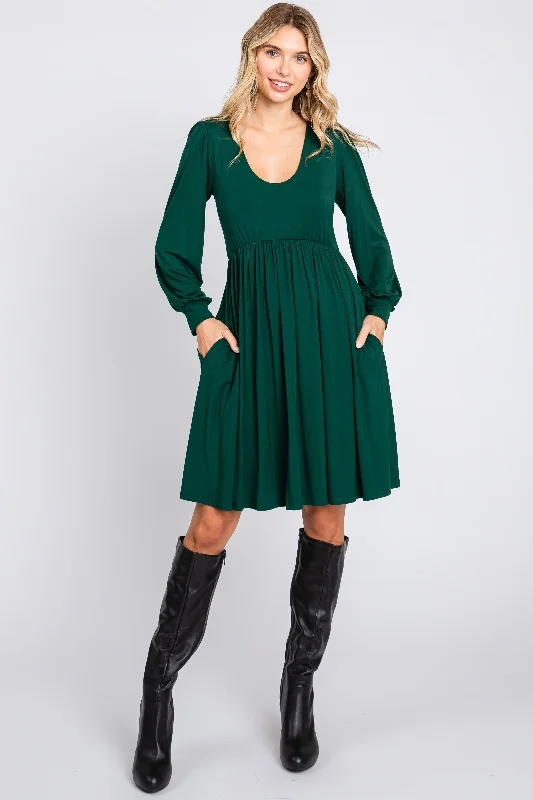 Chic Women's Clothing Forest Green Long Puff Sleeve Dress