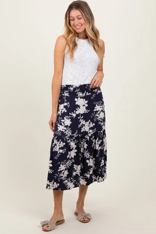 Women's Stylish Outdoor Outfit Navy Floral Smocked Waist Midi Skirt