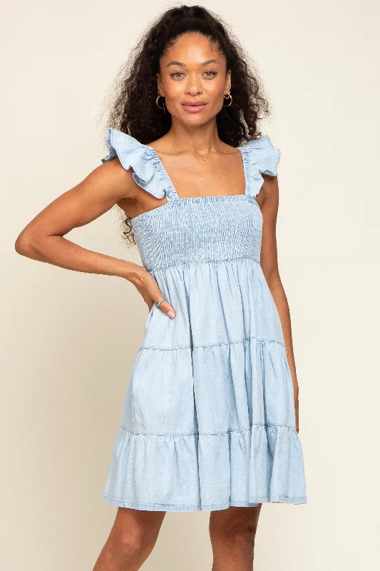 Stylish Dresses for Women Light Blue Sleeveless Ruffle Tiered Dress