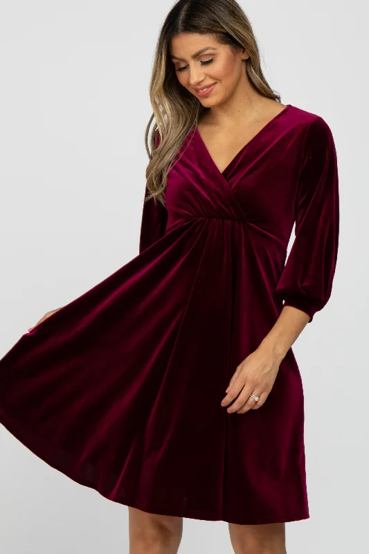 Women's Trendy Outfit Burgundy Velvet Wrap Front Babydoll Dress