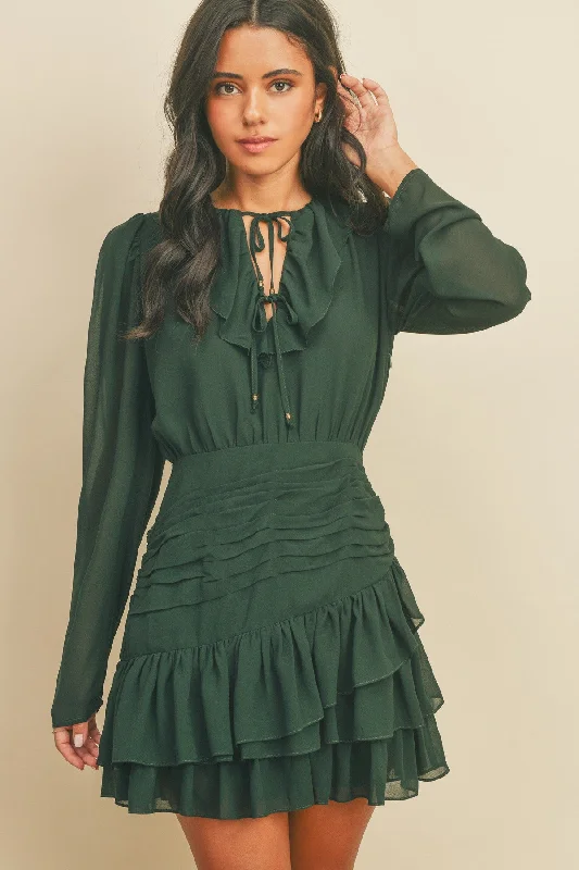 Women's Casual and Dressy Outfits Green Ruffle Ruched Mini Dress