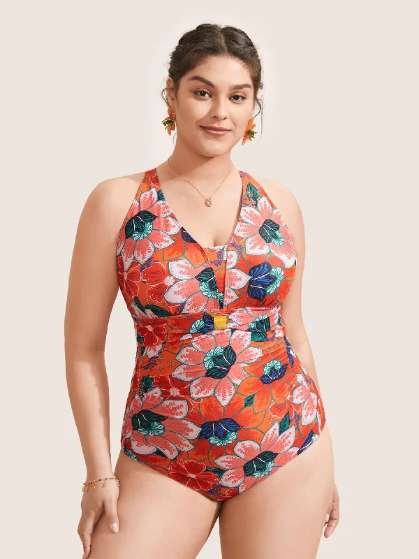 Online Boutiques Floral Ruched Crisscross Buckle Detail One Piece Swimsuit