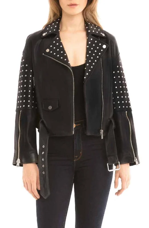 Online Boutique Stores Belted Studded Moto Biker Asymmetrical Leather Jacket In Black