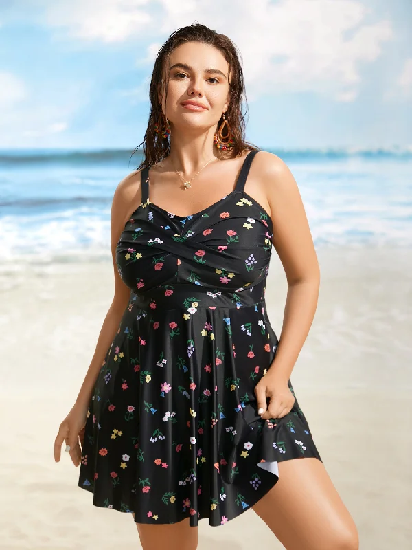 Tailored Clothing For Women Heart Neckline Floral Twist Front Swim Dress