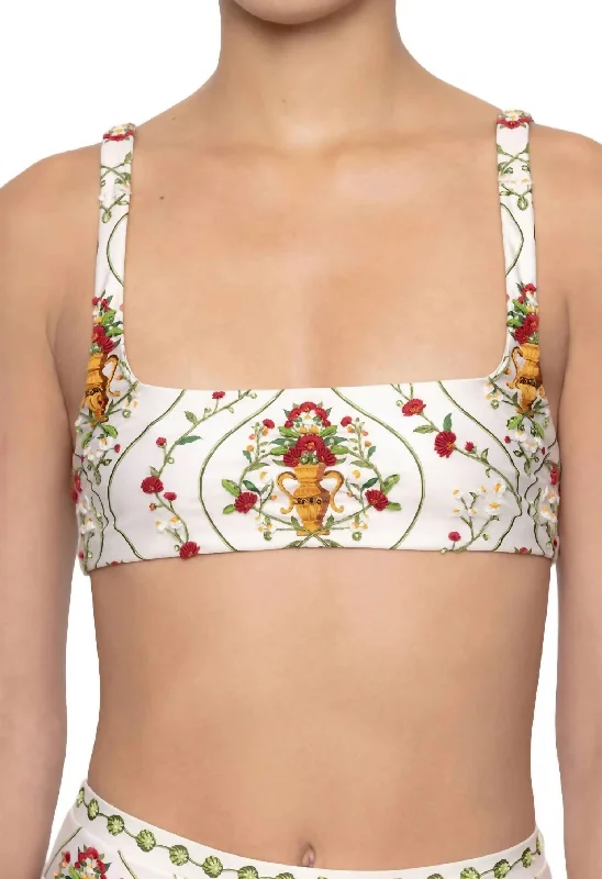 Classic Women's Clothing Styles Havana Remedios Hand Embroidered Bikini Top In Off White-Red-Green