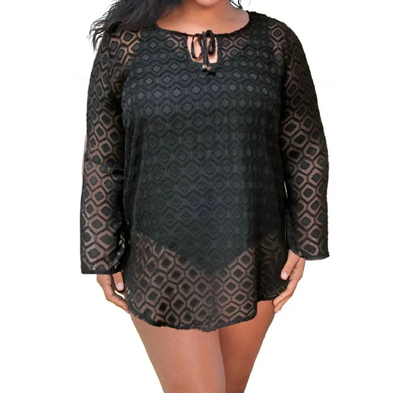 Women's Party Clothes Plus Size Long Sleeve V-Neck Tunic Cover Up In Black