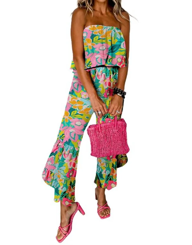 Casual Garments For Women Mix Tropical Print Strapless Ruffled Jumpsuit In Green