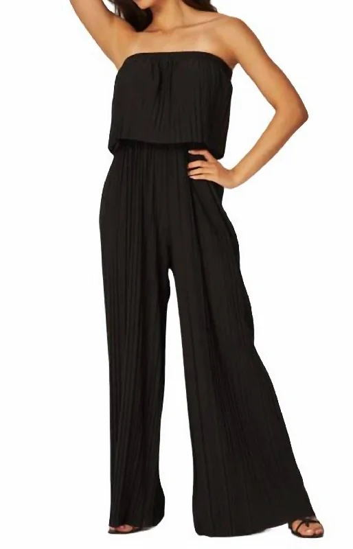 Women's Evening Garments Strapless Pleated Wide Leg Jumpsuit In Black