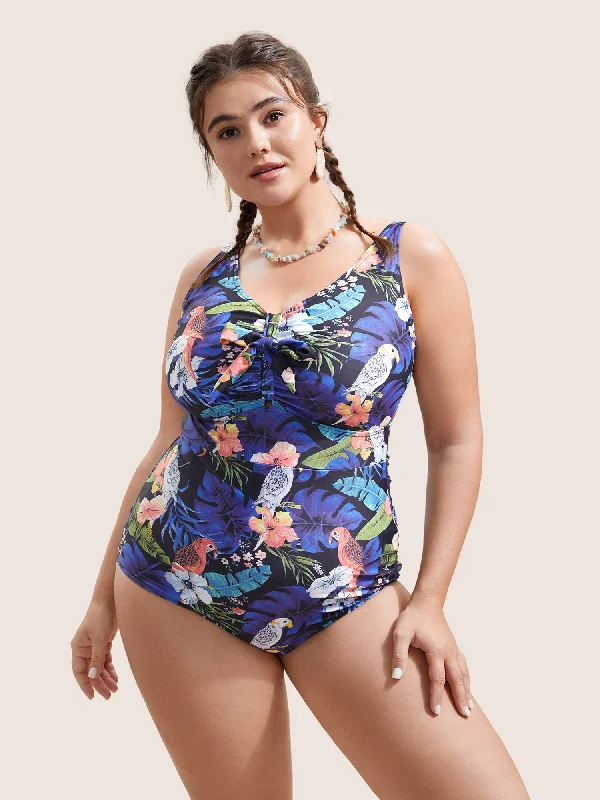 Women's Office Clothing Tropical Print Knotted Tummy Control One Piece Swimsuit