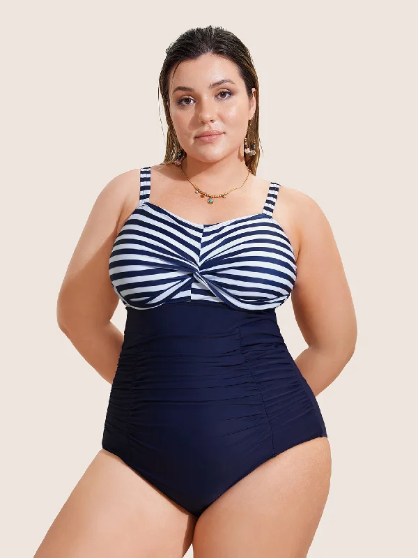 Women's Athletic Apparel Striped Patchwork Twist Front One Piece Swimsuit