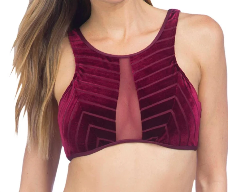 Sale For Women Stripe Mesh High Neck Bikini Top In Burgundy Velvet