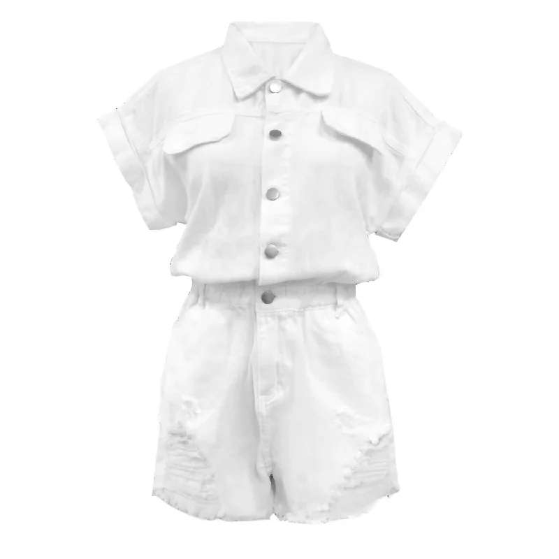 Women's Professional Garments Distressed Denim Romper In Ivory