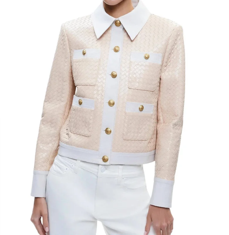 Top 10 Women's Online Clothing Stores Kinley Woven Vegan Leather Jacket In Almond/off White