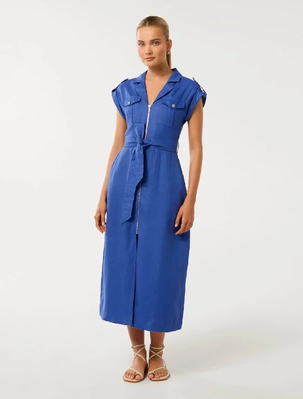 Women's Clothing Alison Linen Front Pocket Zip Utility Midi Dress