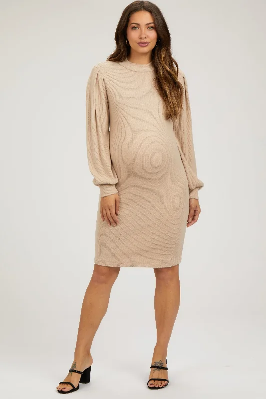 Women's Elegant Evening Attire Beige Ribbed Long Sleeve Mock Neck Maternity Dress