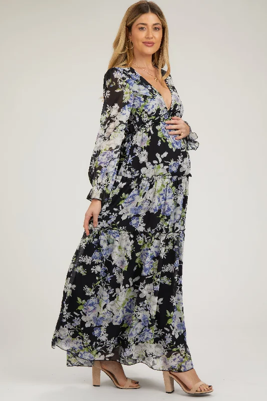 Sale Clothes Online Black Floral Chiffon Deep V Ruffle Tiered Maternity Maxi Dress