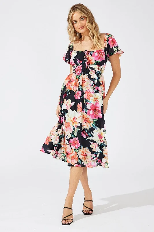 Online Shopping Boutiques Black Floral Midi Dress Short Sleeve Ruched Bust