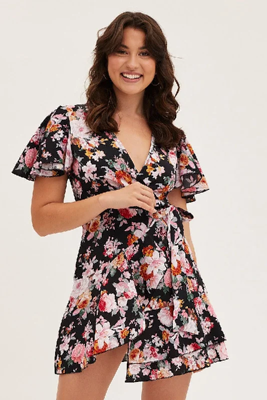 Clothes Sales Black Floral Wrap Mini Dress