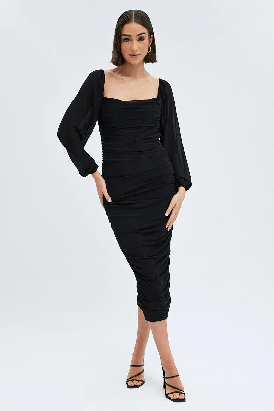 Women's Clothing Online Sale Black Midi Dress Long Sleeve Square Neck Ruched Bodycon