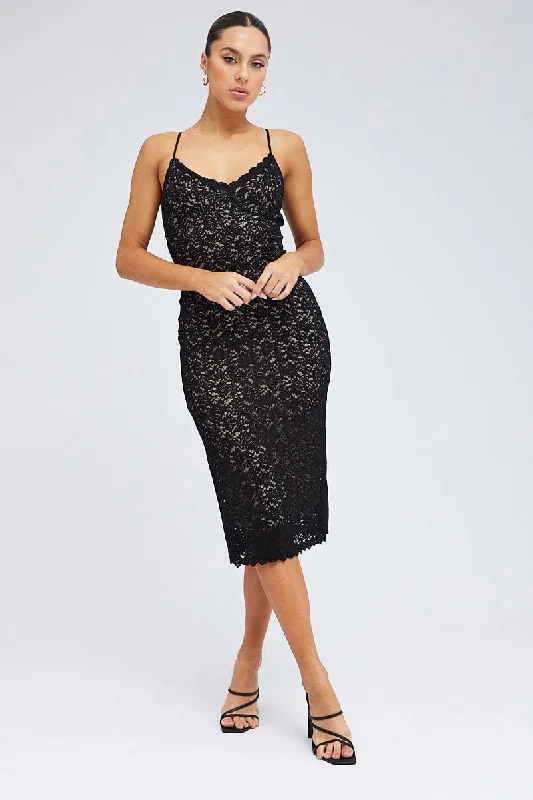 Fashion Women's Clothing Black Midi Dress Sleeveless V-Neck Bodycon Lace Stretch