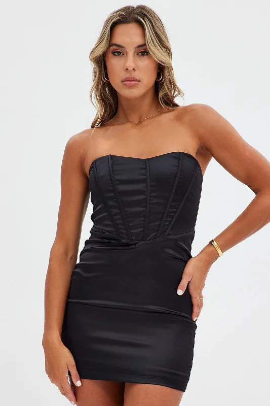 Chic Casual Wardrobe Essentials Black Mini Dress Strapless Corset Detail Satin