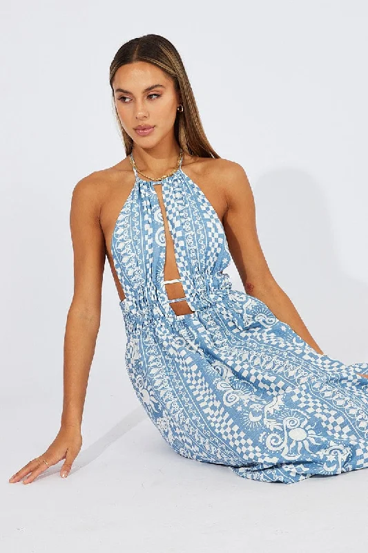 Stylish Everyday Clothing Blue Abstract Maxi Dress Halter Neck