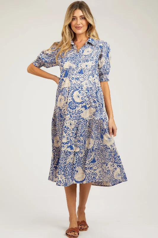 Women's Transitional Apparel Blue Floral Collared Tiered Maternity Midi Dress