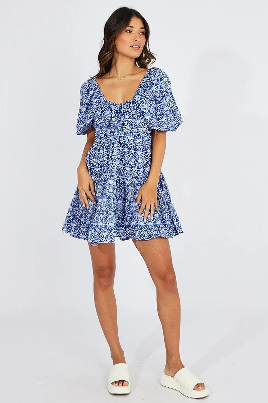 Women's Comfy Attire For Lounging Blue Floral Fit And Flare Mini Dress Puff Sleeve