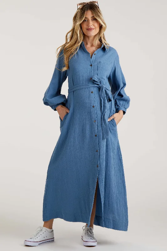 Women's Street Style Casual Wear Blue Gauze Belted Shirt Maternity Midi Dress