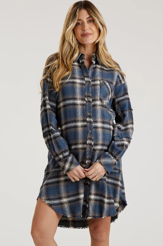 Comfortable Casual Wear Blue Plaid Button Down Raw Hem Maternity Dress