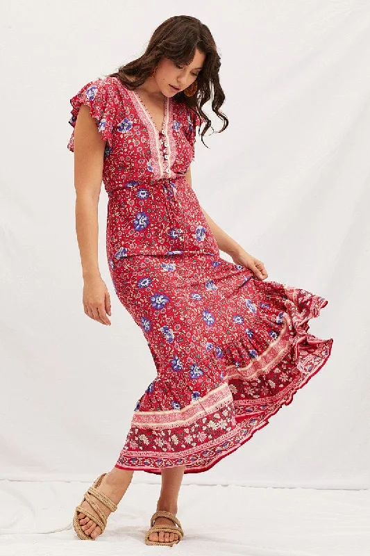 Fashionable Dresses for Women Boho Print V-Neck Short Sleeve Maxi Dress