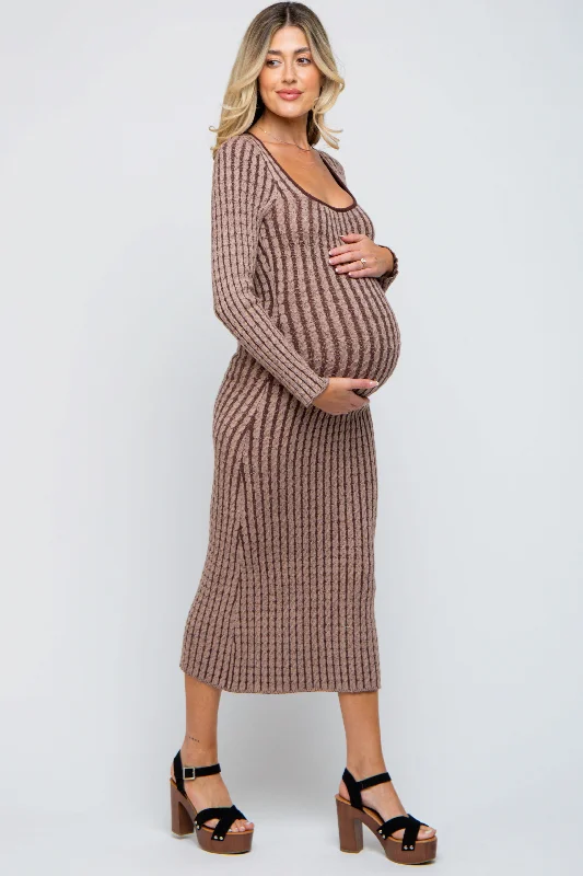 Women's Functional Outdoor Garments Brown Cable Knit Maternity Fitted Midi Dress