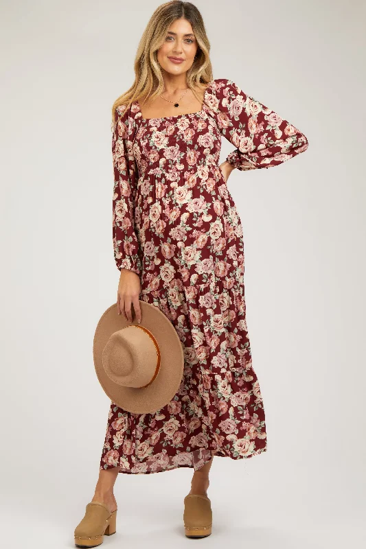 Sustainable Women's Clothes Burgundy Floral Long Sleeve Maternity Maxi Dress