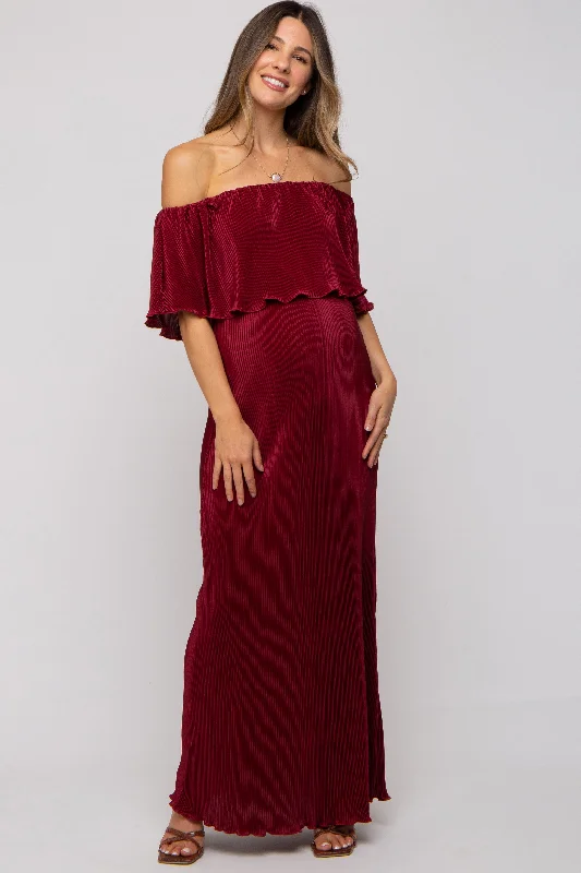 Outfits For Women Burgundy Pleated Ruffle Off Shoulder Maternity Maxi Dress