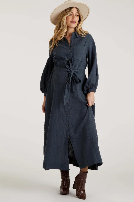 Affordable Women's Clothing Online Charcoal Gauze Belted Shirt Maternity Midi Dress