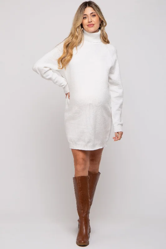 Trendy Outfits For Girls Cream Knit Long Sleeve Turtleneck Maternity Sweater Dress