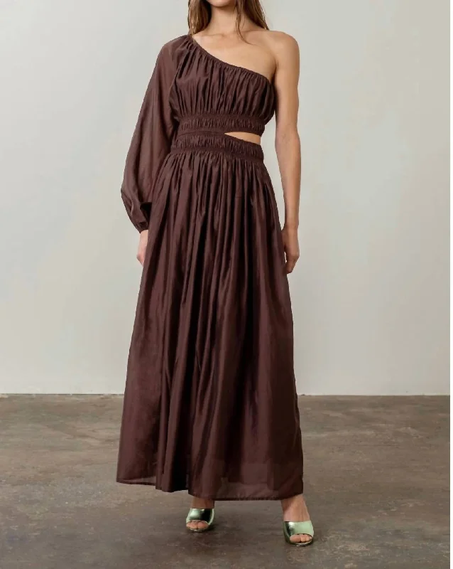 Sale Clothes Online Cut Out Shirred Midi Dress In Chocolate