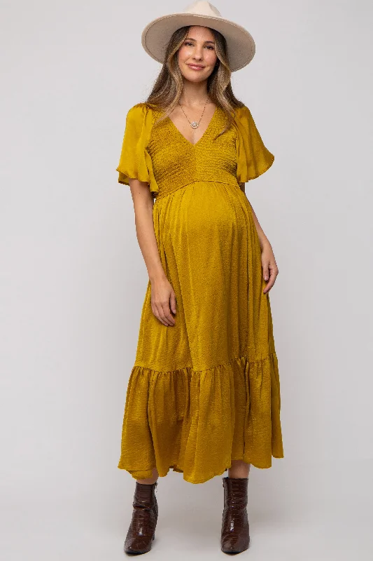 Women's Online Boutique Gold Satin Smocked Maternity Midi Dress