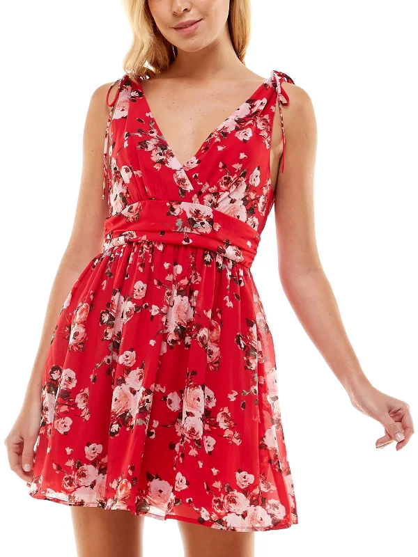 Women's Clothing Juniors Womens Floral Print Surplice Mini Dress