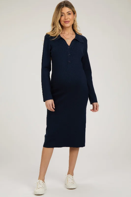 Women's Fashion Clothing Navy Collared Long Sleeve Sweater Maternity Midi Dress