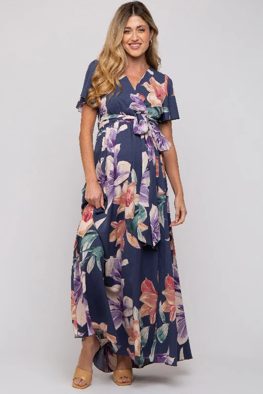 Women's Clothing Sale Online Navy Floral Wrap V-Neck Maternity Maxi Dress