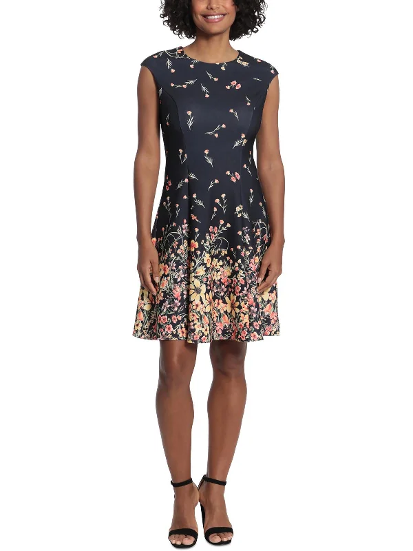 Weekend Sale Petites Womens Floral Print Knee Length Fit & Flare Dress