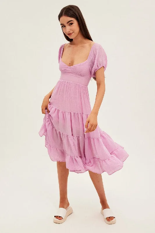 Sales For Clothes Pink Midi Dress Short Sleeve V-Neck