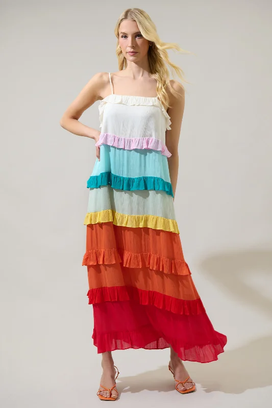 Minimalist Women's Fashion Clothing Taste the Rainbow Sleeveless Ruffle Maxi Dress