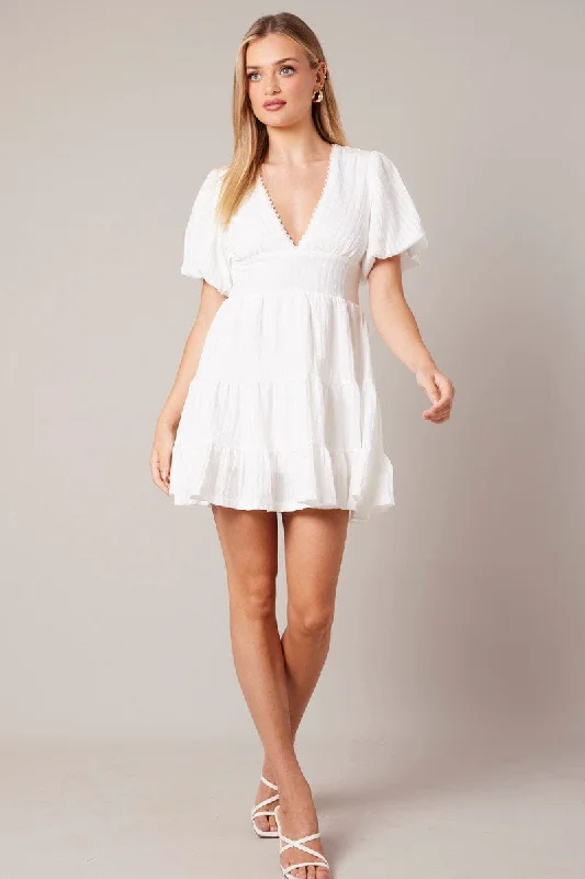 Women's Activewear Outfit White Fit And Flare Dress Puff Sleeve