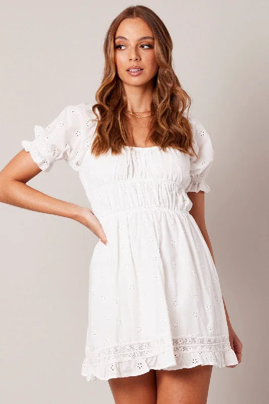 Women's Occasion Wear Apparel White Fit And Flare Dress Puff Sleeve