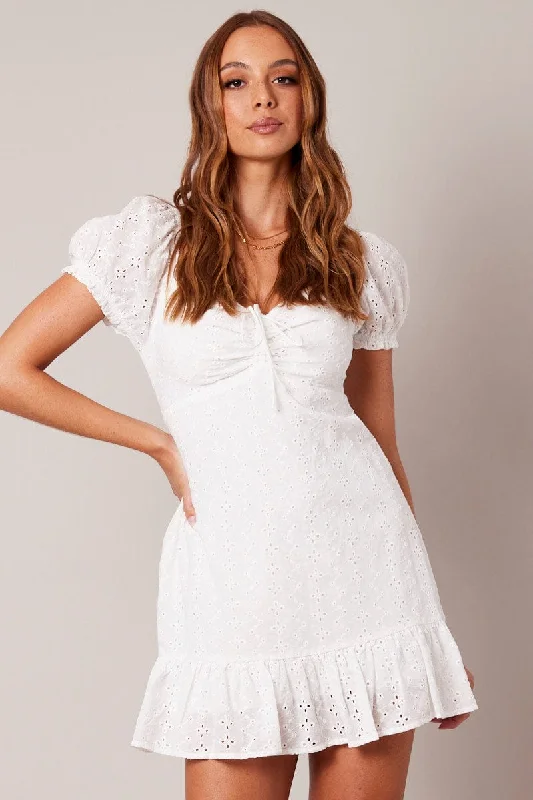 Affordable Online Boutiques White Fit And Flare Dress Puff Sleeve Mini