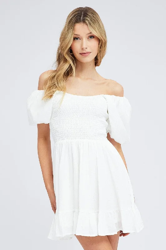 Women Wear Online White Fit And Flare Dress Shirred Bust Mini