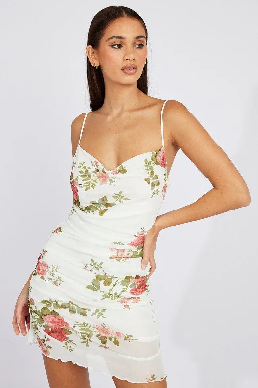 Clothes Sales White Floral Bodycon Dress Ruffle Mesh