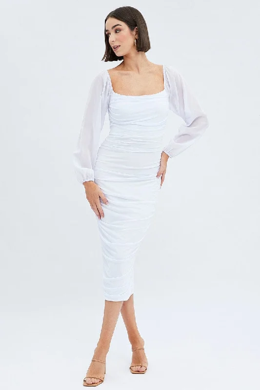 Women's Trendy Outfits White Midi Dress Long Sleeve Square Neck Ruched Bodycon